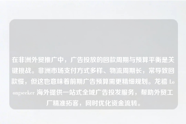 在非洲外贸推广中，广告投放的回款周期与预算平衡是关键挑战。非洲市场支付方式多样、物流周期长，常导致回款慢，但这也意味着前期广告预算需更精细规划。龙禧 Loongseeker 海外提供一站式全域广告投发服务，帮助外贸工厂精准拓客，同时优化资金流转。