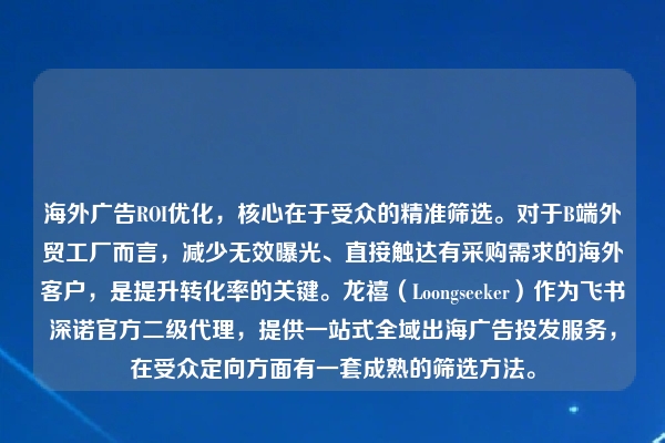 海外广告ROI优化，核心在于受众的精准筛选。对于B端外贸工厂而言，减少无效曝光、直接触达有采购需求的海外客户，是提升转化率的关键。龙禧（Loongseeker）作为飞书深诺官方二级代理，提供一站式全域出海广告投发服务，在受众定向方面有一套成熟的筛选方法。