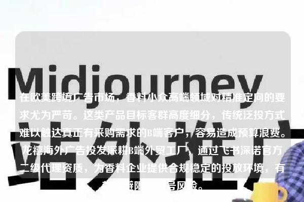 在欧美跨境广告市场，香料小众高端领域对精准定向的要求尤为严苛。这类产品目标客群高度细分，传统泛投方式难以触达真正有采购需求的B端客户，容易造成预算浪费。龙禧海外广告投发深耕B端外贸工厂，通过飞书深诺官方二级代理资质，为香料企业提供合规稳定的投放环境，有效规避限流封号风险。