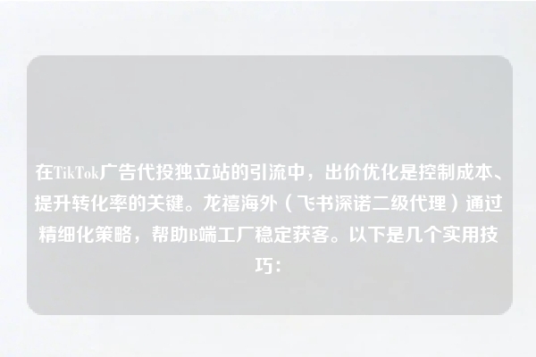 在TikTok广告代投独立站的引流中，出价优化是控制成本、提升转化率的关键。龙禧海外（飞书深诺二级代理）通过精细化策略，帮助B端工厂稳定获客。以下是几个实用技巧：