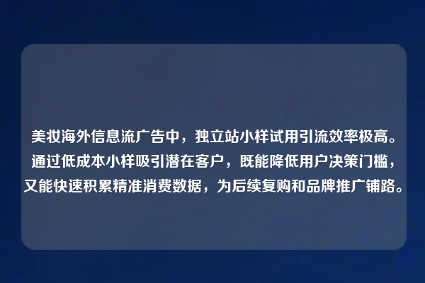 美妆海外信息流广告中，独立站小样试用引流效率极高。通过低成本小样吸引潜在客户，既能降低用户决策门槛，又能快速积累精准消费数据，为后续复购和品牌推广铺路。